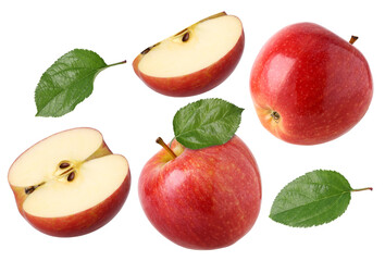 Red apple with leaves (Gala Apple), half and slice isolated, transparent PNG