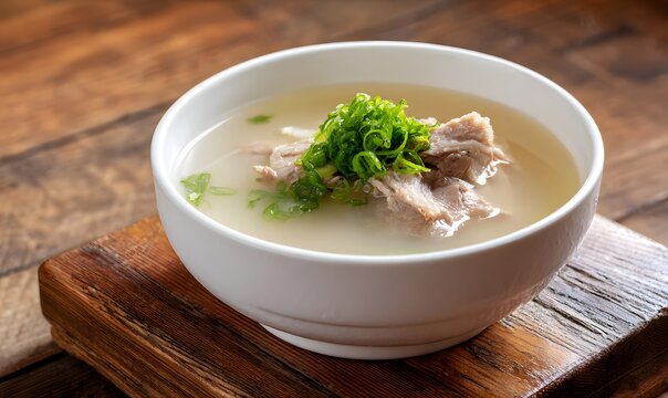 Korean pork gukbap in a white bowl, milky broth, sliced pork clearly visible, simple garnish, steam rising gently