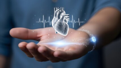Open human palm facing upward. Hovering in the center of the hand is a 3D holographic projection of a beating human heart