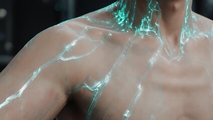 Futuristic male torso with glowing energy veins and cybernetic enhancements.