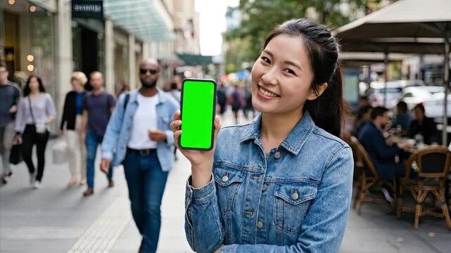 A cheerful young woman, wearing a stylish denim jacket, holds a modern smartphone with a vibrant green screen display directly towards the camera. Her radiant smile conveys positivity and engagement, 