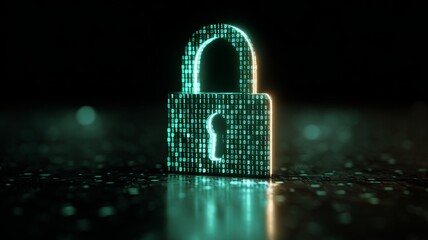 Glowing digital padlock icon surrounded by binary code symbolizing secure online transactions, data protection, cybersecurity technology, network security, encryption, and modern internet privacy conc