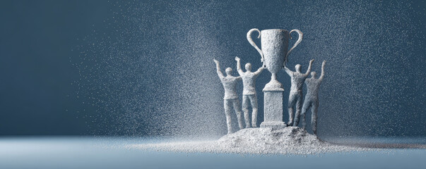 Victory celebration with trophy and cheering people made of white particles on blue background, inspiring success and achievement