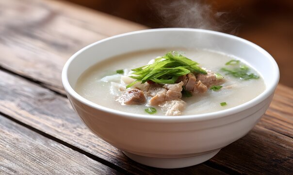 Korean pork gukbap in a white bowl, milky broth, sliced pork clearly visible, simple garnish, steam rising gently