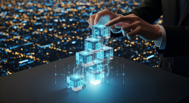 Hands building a glowing digital tower of abstract blocks representing data growth and innovation against a city backdrop. - Powered by Adobe