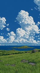 A vibrant animation style summer meadow under towering white clouds and blue sky