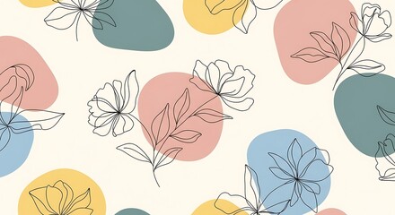 Floral pattern with pastel colored circles and sketched botanical elements