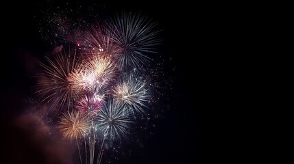 Fototapeta premium Vibrant fireworks exploding in night sky, colorful sparkling bursts and glowing trails, festive celebration background with copy space