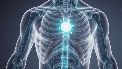 Futuristic X-ray view of a human torso with a glowing energy core.