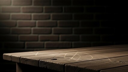 Weathered wood surface features natural textures and scratches, set in a dim cellar environment with a soft-focus background