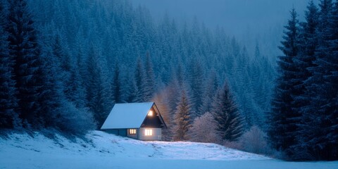 a wooden house in the middle of an alpine forest, snowing heavily at night, smoke coming out from chimney light up inside cottage.
