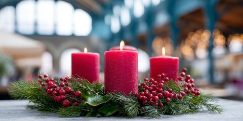 an advent wreath with red candles in front of the market hall
