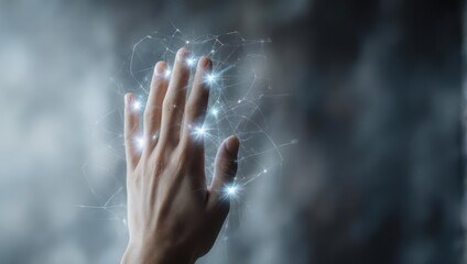 Hand Touching Digital Network Connection with Glowing Lights.