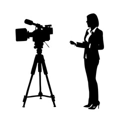 Silhouette of Female News Reporter Standing Next to Professional Video Camera on Tripod