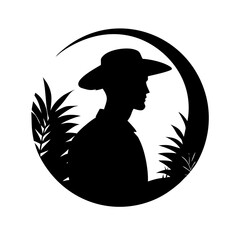 Tropical Farmer Silhouette in Circular Frame with Palm Trees and Moon Vector