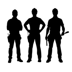 Silhouettes of Construction Workers and Contractors Team with Tools and Hard Hats