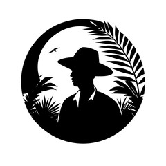 Tropical Farmer Silhouette in Circular Frame with Palm Trees and Moon Vector