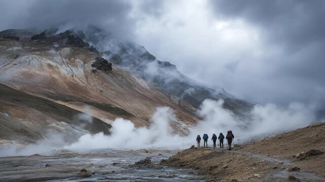 A group of five resilient individuals equipped with backpacks and hiking poles traverses a dramatic, rugged landscape under a moody, overcast sky. Steam gracefully rises from the ground, adding an eth
