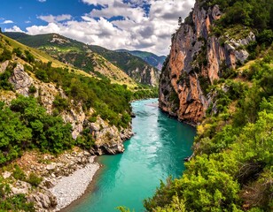Obraz premium Emerald river flows through canyons under a cloudy sky