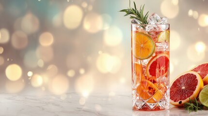 `A refreshing citrus cocktail in a crystal glass on a marble countertop, symbolizing collaboration and sophisticated social gatherings.`