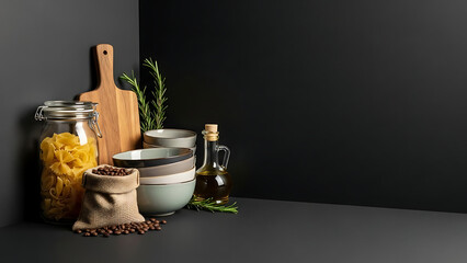Culinary still life pasta, coffee beans, olive oil, and kitchen utensils on a dark background
