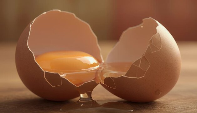 Broken eggshell with bright yellow yolk detailed texture overhead view