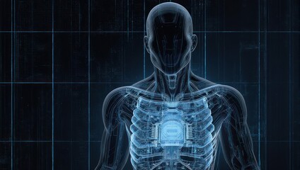 Human Body Scan with Glowing Chest Area on Dark Background.