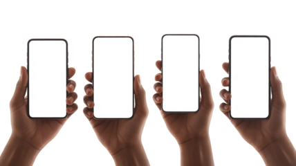 Four hands holding modern cell phones with blank white customizable display screens, isolated on transparent background