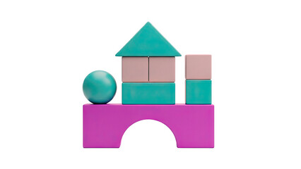 3D Building blocks forming a house with a ball on transparent background