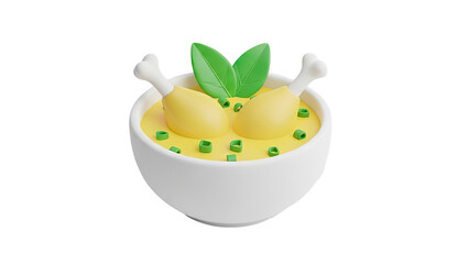3D Cartoon Chicken Soup with Garnish in Bowl on transparent background