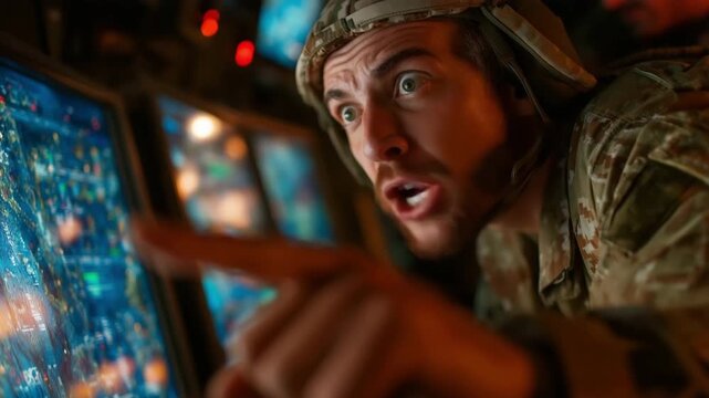 An army dispatcher wearing camouflage gasps in shock as he points to a screen that shows hostile activity.