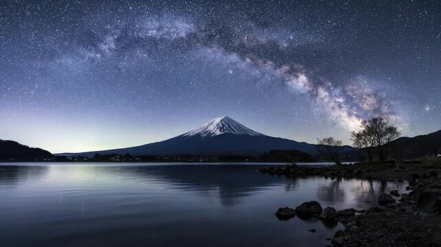 A majestic snow-capped mountain stands tall under a spectacular night sky, shimmering with countless stars and the radiant band of the Milky Way. Its serene reflection graces the calm waters of a tran