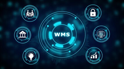 Warehouse Management System WMS digital interface with icons for collaboration security finance innovation and growth on a dark background - Powered by Adobe