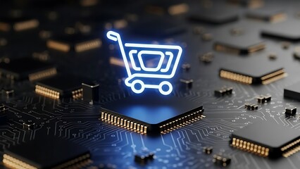Shopping cart symbol on circuit board