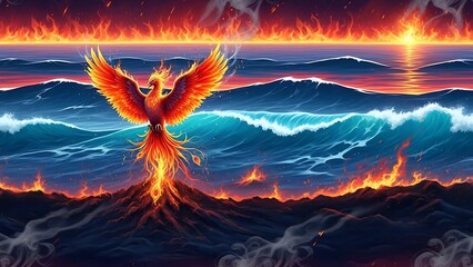 Mythical Phoenix Rising from Ocean Flames.