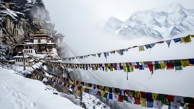 Buddhist monastery in snowy Himalayan mountains.