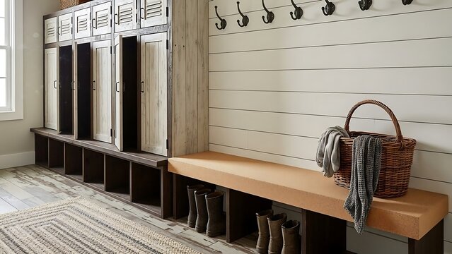 Empty school locker room with bench.