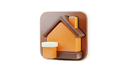 3D Icon of a stylized orange house with a brown roof and chimney on transparent background