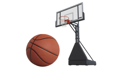 A classic orange basketball sits near a modern portable basketball hoop with a clear backboard, isolated on transparent background