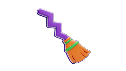 3D illustration of a cartoon witch's broomstick on transparent background