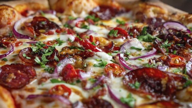 A mouth-watering close-up shot reveals a freshly baked pizza, generously adorned with an array of appealing toppings. Glistening slices of pepperoni or salami mingle with vibrant red onion rings, scat