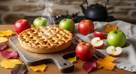 Fresh baked apple pie with red and green apples on wooden table