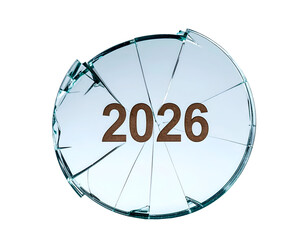 Broken cracked glass circle with shattered edges and year 2026 text as new year countdown deadline and change concept on isolated background