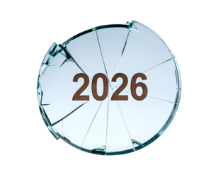 Broken cracked glass circle with shattered edges and year 2026 text as new year countdown deadline and change concept on isolated background