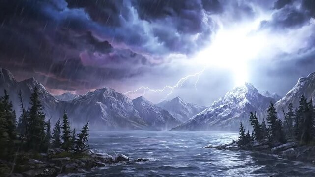 A powerful and dramatic thunderstorm rages over a majestic, rugged mountain landscape, showcasing nature's raw intensity. Torrential rain pelts down, creating a blurry veil over the scene, while brill