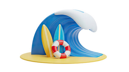 3D Surfing Theme with Wave, Surfboards, and Lifebuoy on transparent background
