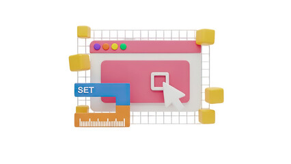 3D UI Design Elements with Cursor and Ruler on transparent background
