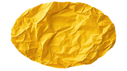 Crumpled yellow paper texture shaped oval with wrinkled surface and bold color isolated on white background