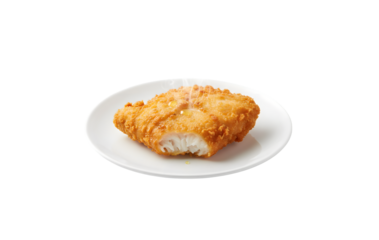 Fried fish in batter against a white backdrop
