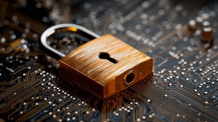 Secure digital padlock on advanced circuit board representing cybersecurity protection, data encryption, network security, and modern information technology infrastructure